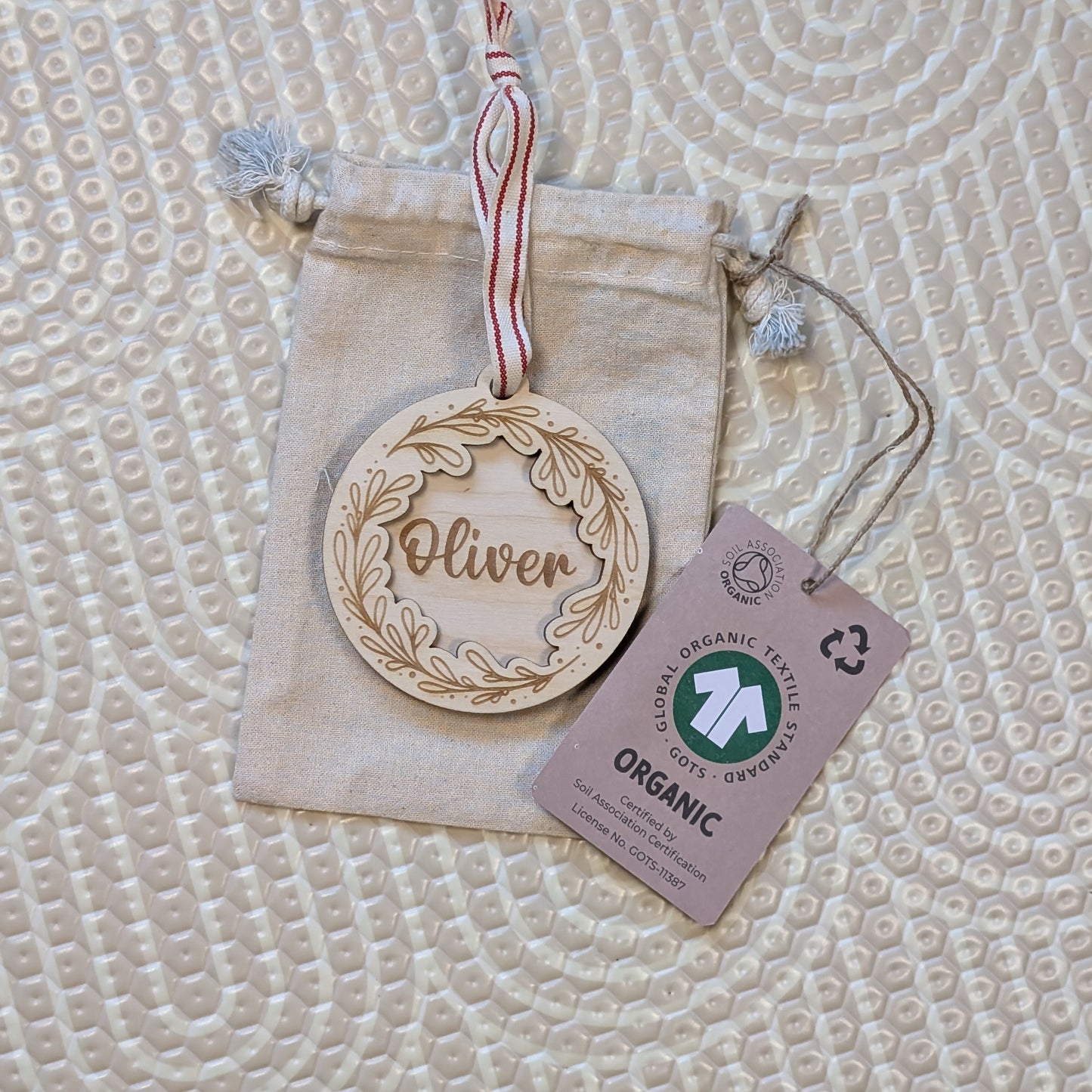 Initial Mistletoe & stars engraved wooden Christmas ornament