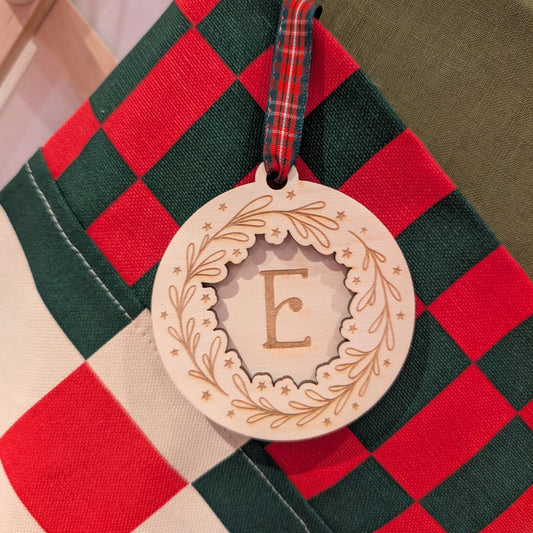 Initial Mistletoe & stars engraved wooden Christmas ornament