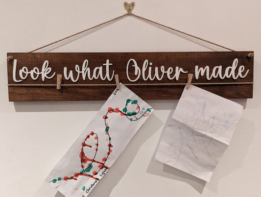 wooden 'Look what Name made' peg notice art board