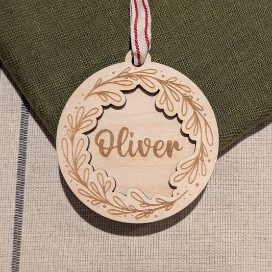 Name Mistletoe engraved wooden Christmas ornament