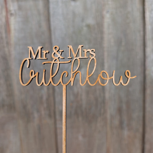 Custom surname wooden wedding cake topper