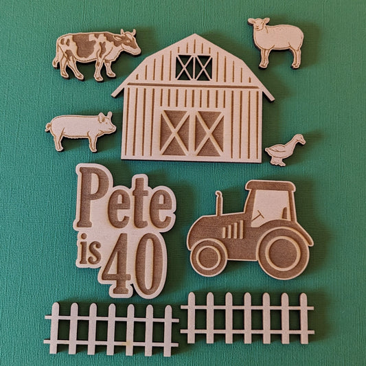 Personalised wooden farm cake topper charm set