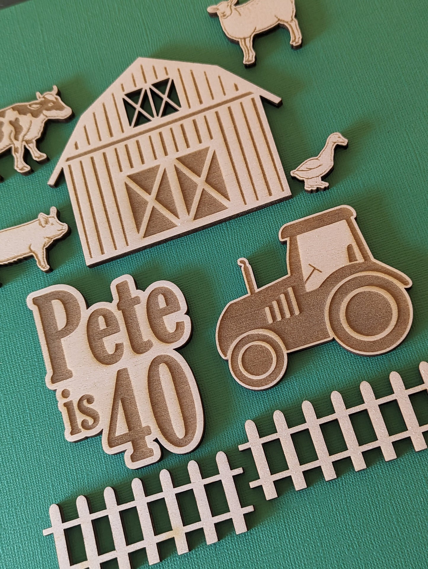 Personalised wooden farm cake topper charm set