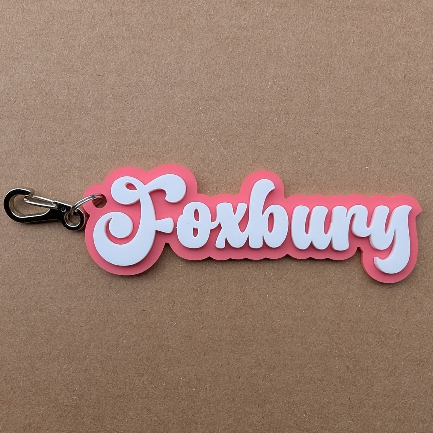 Acrylic layered name bag tag with clip in GROOVY font