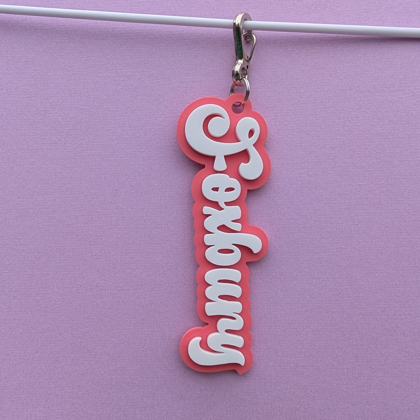 Acrylic layered name bag tag with clip in GROOVY font