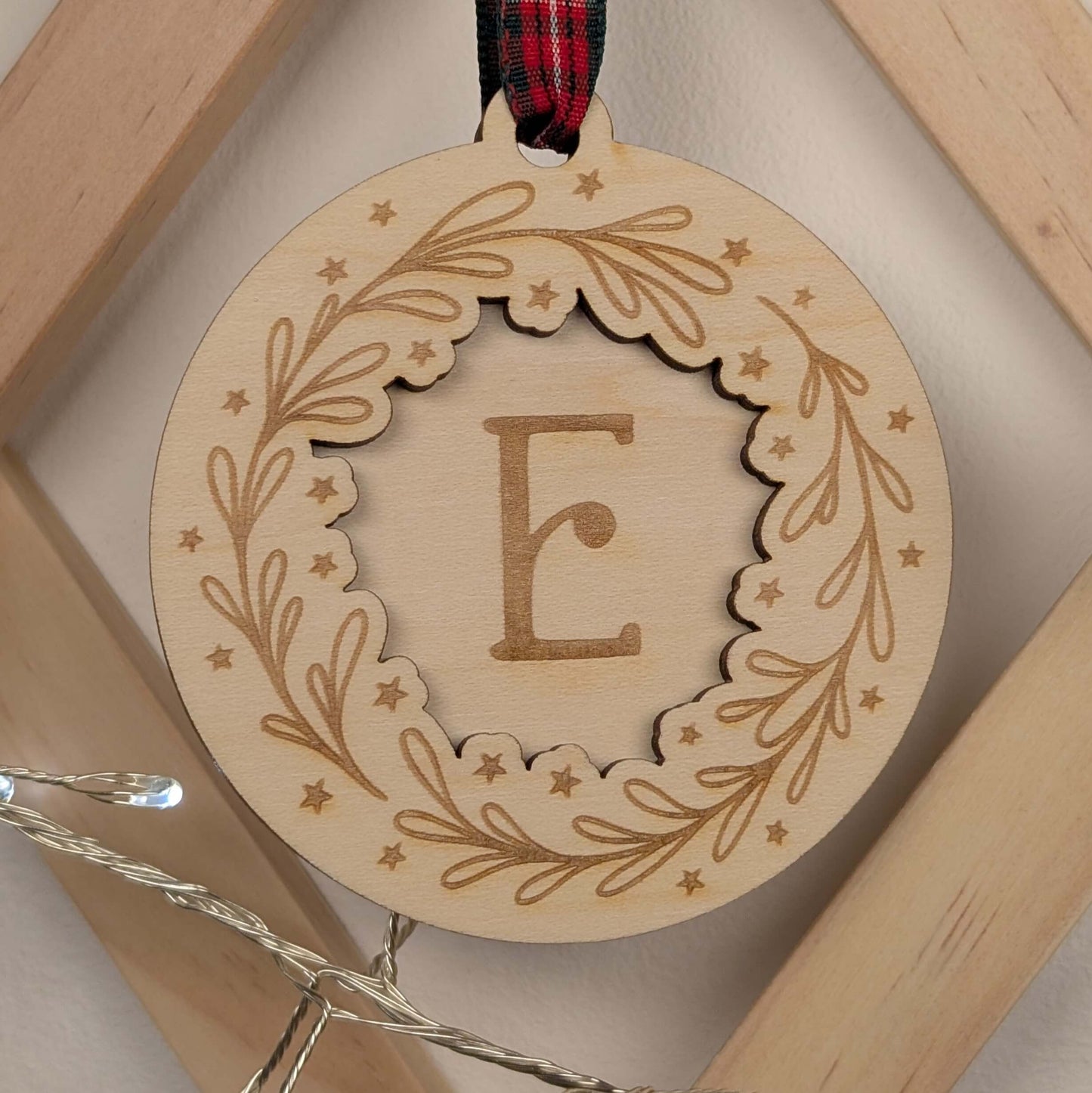 Initial Mistletoe & stars engraved wooden Christmas ornament