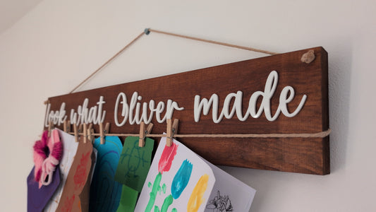 wooden 'Look what Name made' peg notice art board