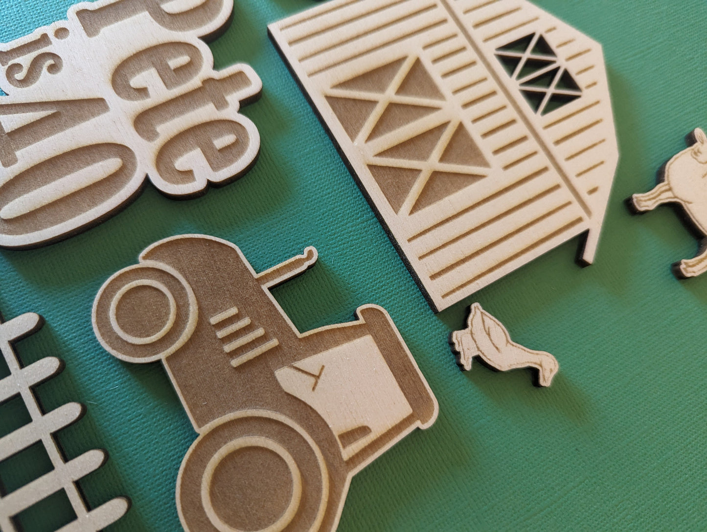 Personalised wooden farm cake topper charm set