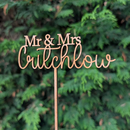 Custom surname wooden wedding cake topper