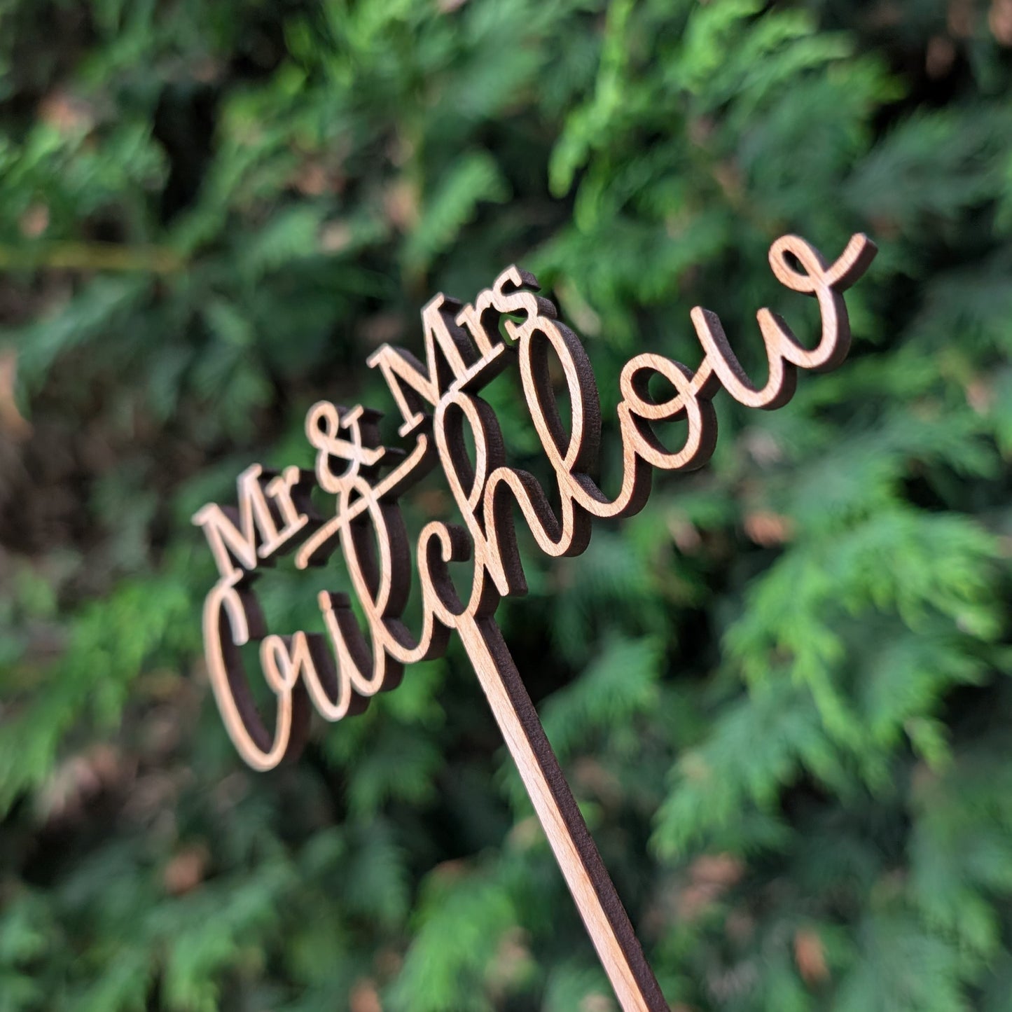 Custom surname wooden wedding cake topper
