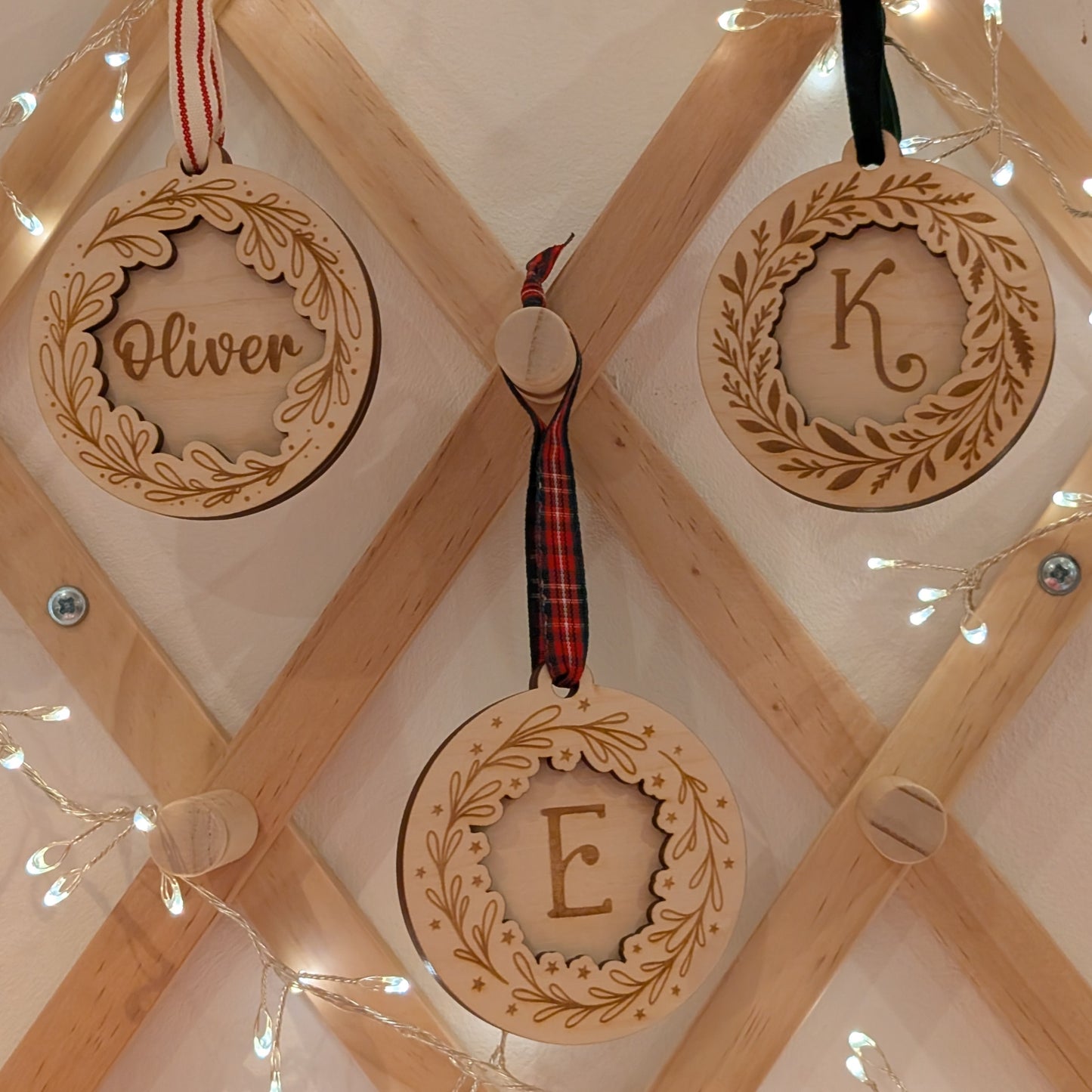 Initial pine wreath engraved wooden Christmas ornament