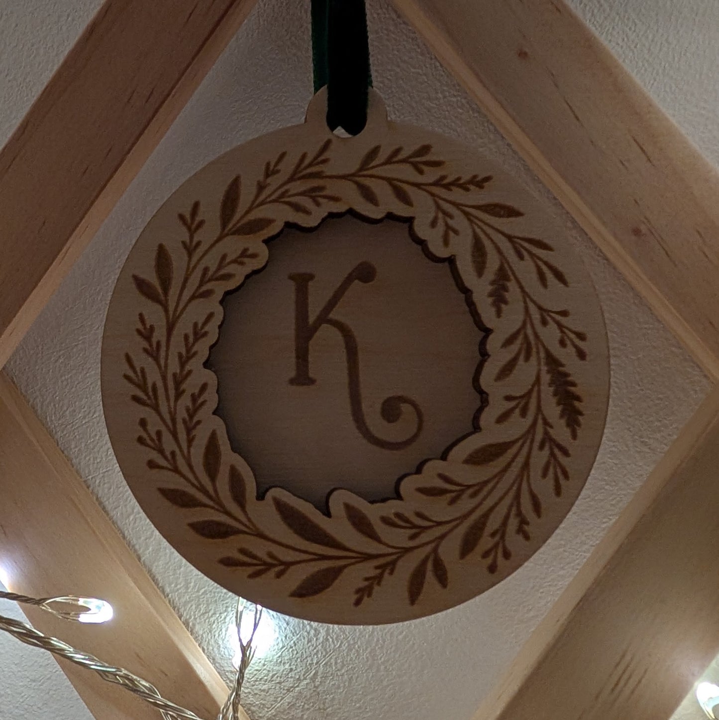 Initial pine wreath engraved wooden Christmas ornament