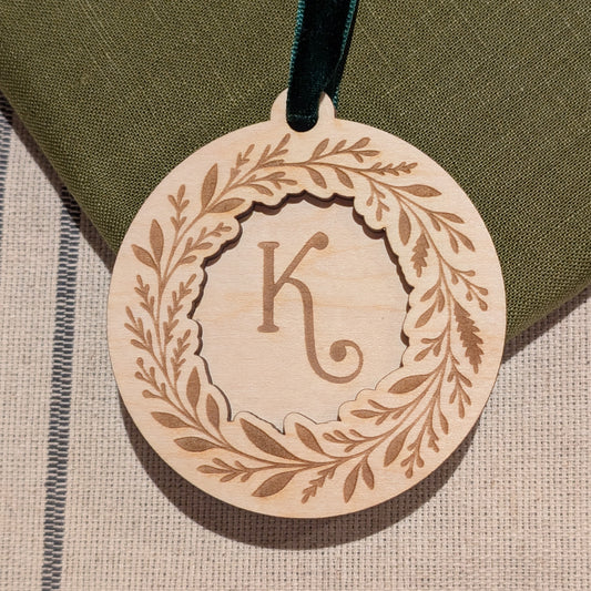 Initial pine wreath engraved wooden Christmas ornament
