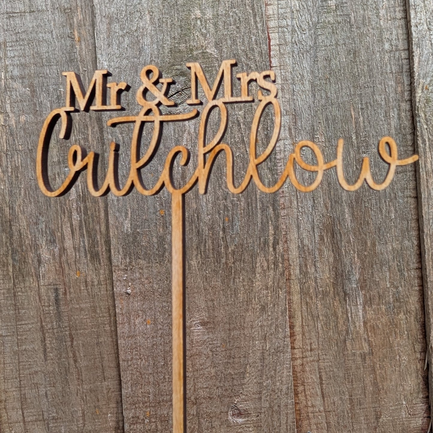 Custom surname wooden wedding cake topper