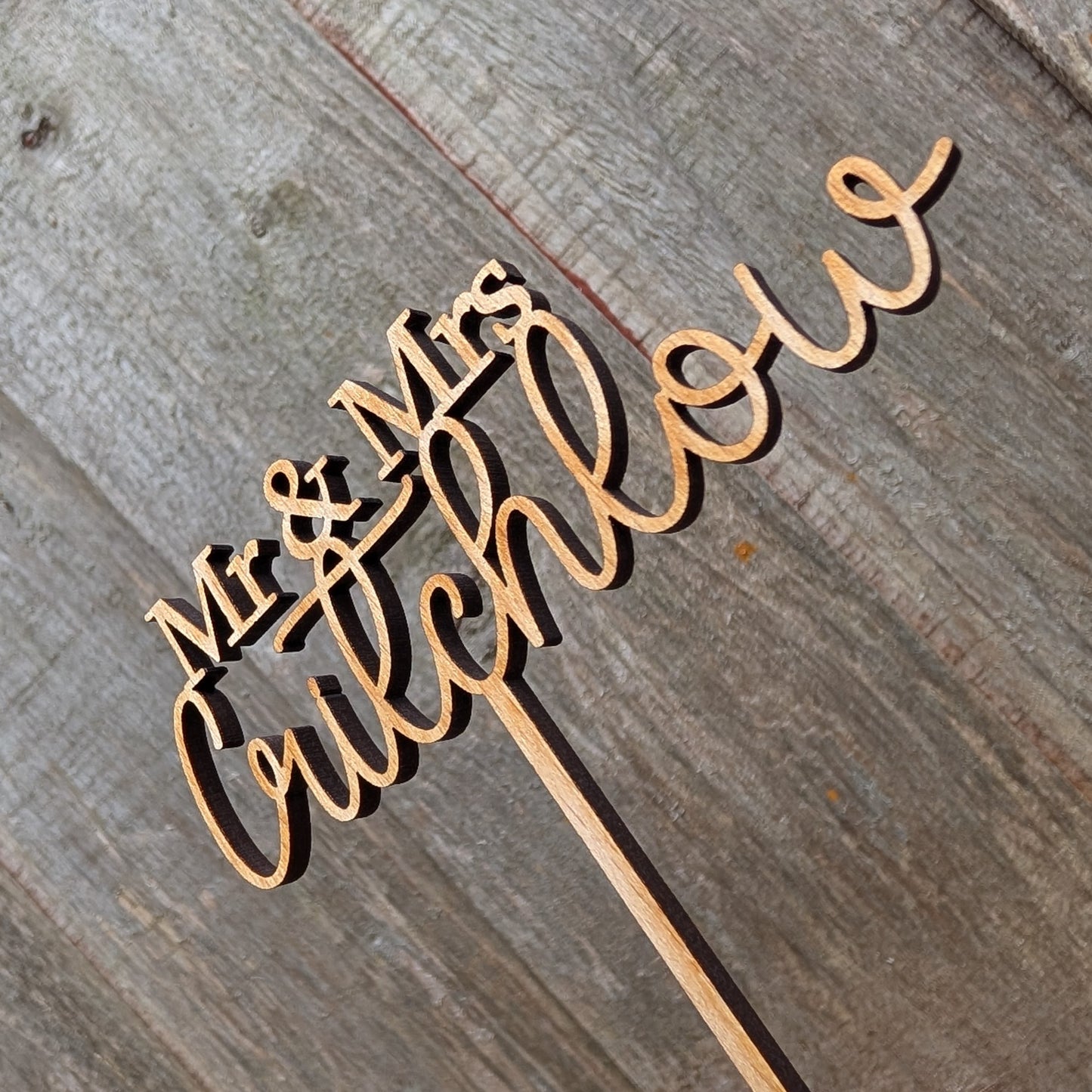 Custom surname wooden wedding cake topper