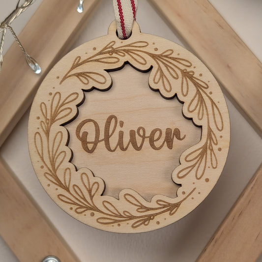 Name Mistletoe engraved wooden Christmas ornament