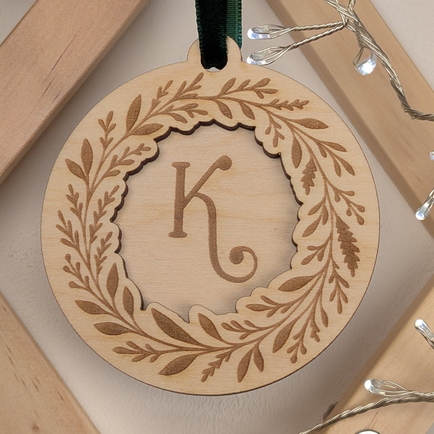 Initial pine wreath engraved wooden Christmas ornament