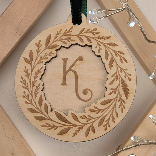 Initial pine wreath engraved wooden Christmas ornament