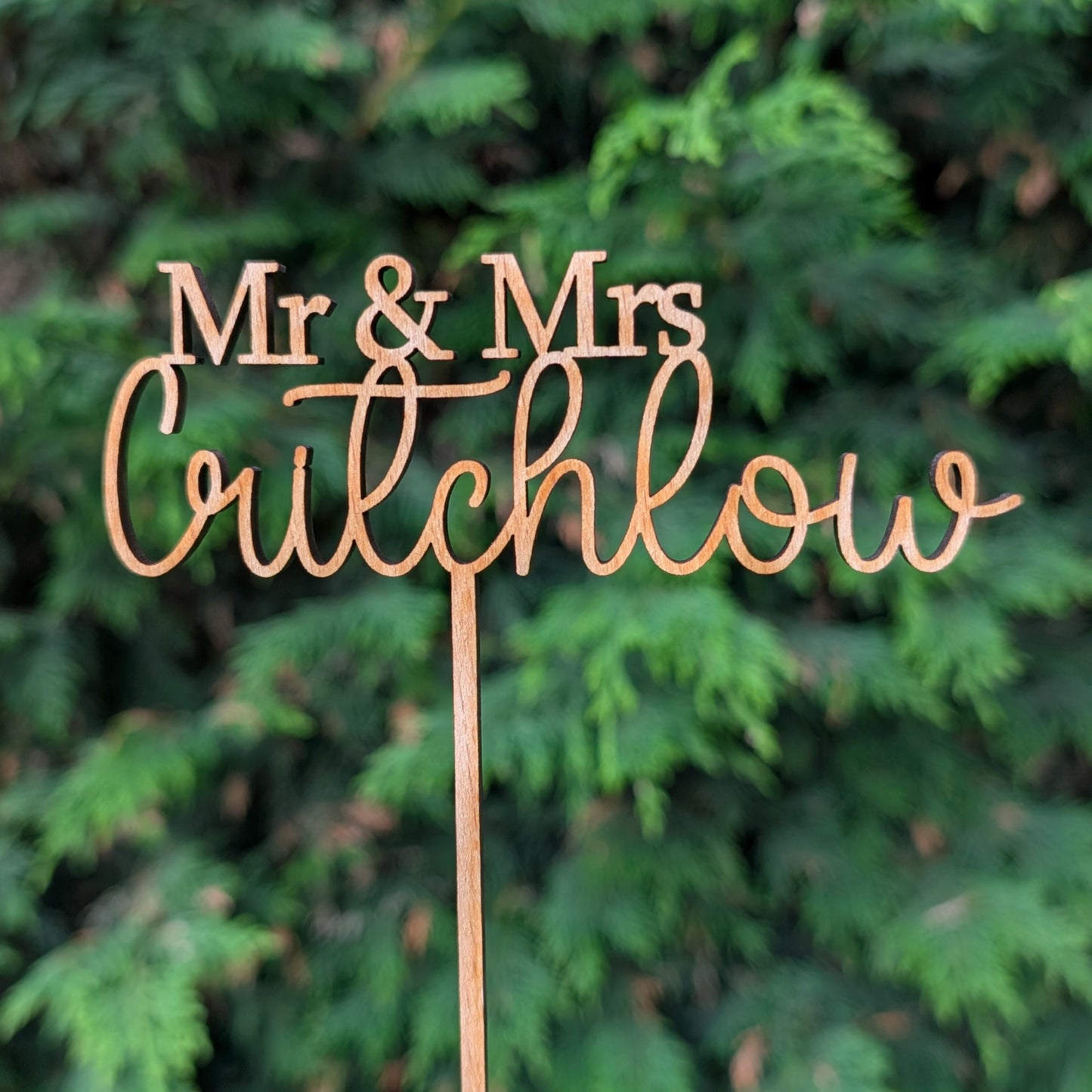 Custom surname wooden wedding cake topper
