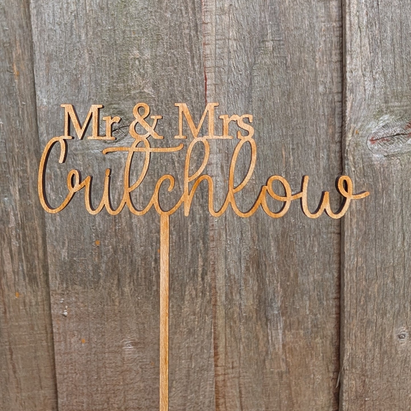 Custom surname wooden wedding cake topper