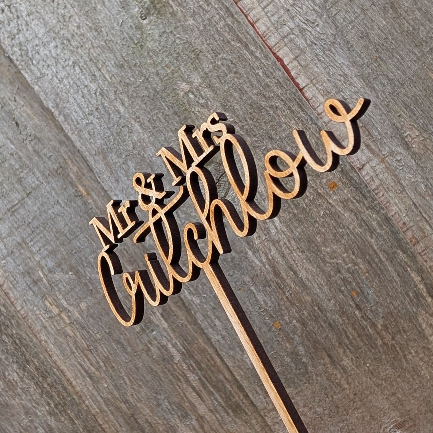 Custom surname wooden wedding cake topper