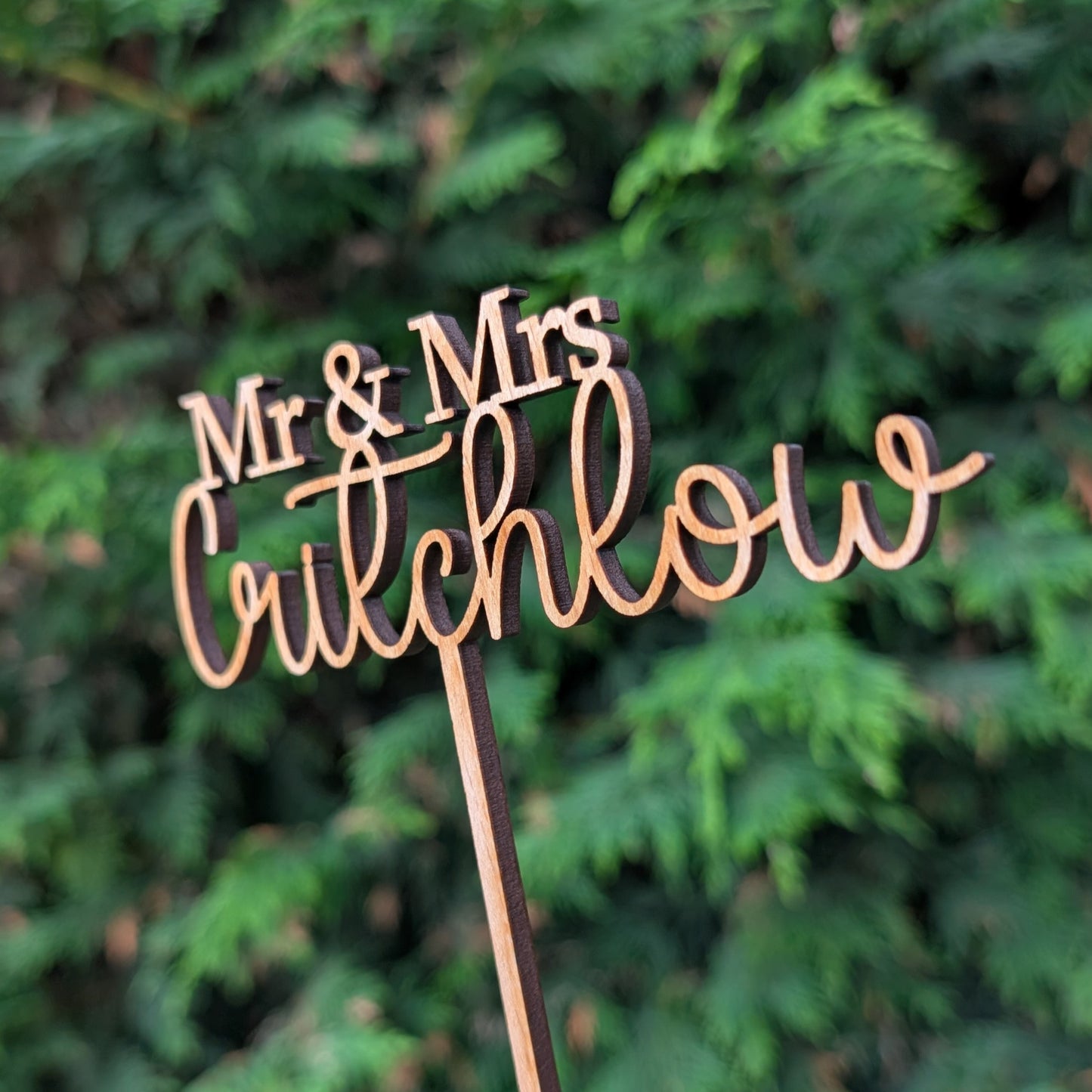 Custom surname wooden wedding cake topper